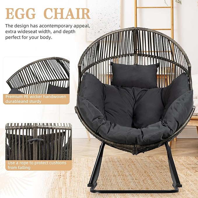 Vongrasig Comfy Wicker Rocking Egg Chair, Soft Thick Cushion Rattan Lounge Chair, High Capacity Steel Frame, Reading Chair for Living Room, Bedroom, Dorm Rooms (Black/Rattan)
