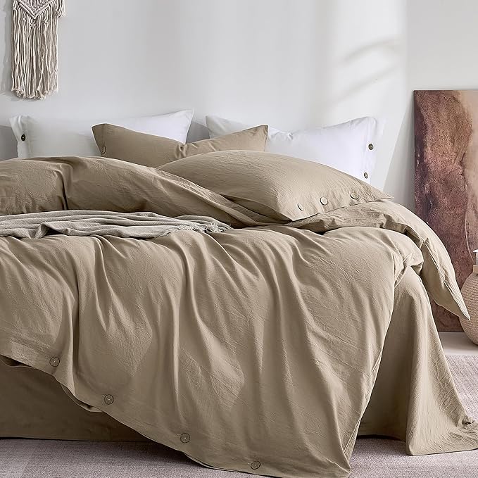 JELLYMONI 100% Washed Cotton Duvet Cover Full – Soft, Breathable Linen-Look Bedding with Natural Wrinkle Texture, Button Closure, 3-Piece Set (Dusty Khaki, 80"x90")