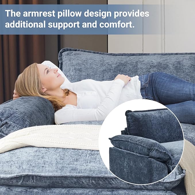 VINGLI 157" Cloud Navy Blue Convertible Sectional Sofa, Comfy U-Shape Extra Deep Seat Sofa Couch for Living Room,Modern Chenille 4-Seat Convertible Sofa with 2 Movable Ottomans for Small Space