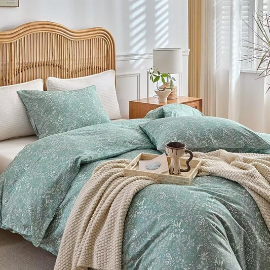 MKXI Vintage Style Comforter Set King Size Wildflower Comforter Set Floral Bedding Set Green Floral Duvet Comforter Microfiber Bed Set Soft Reversible Design Farmhouse Comforter