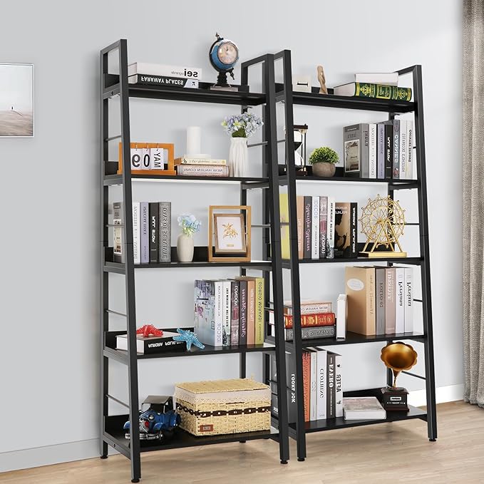 Himimi Black Ladder Bookshelf, 5 Shelf Bookcase Industrial Bookshelf Wood and Metal Bookshelves, Plant Flower Stand Rack Book Storage Shelves for Living Room, Bedroom, Home Office