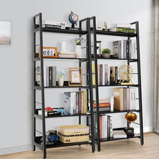 Himimi Black Ladder Bookshelf, 5 Shelf Bookcase Industrial Bookshelf Wood and Metal Bookshelves, Plant Flower Stand Rack Book Storage Shelves for Living Room, Bedroom, Home Office (2 PCS)