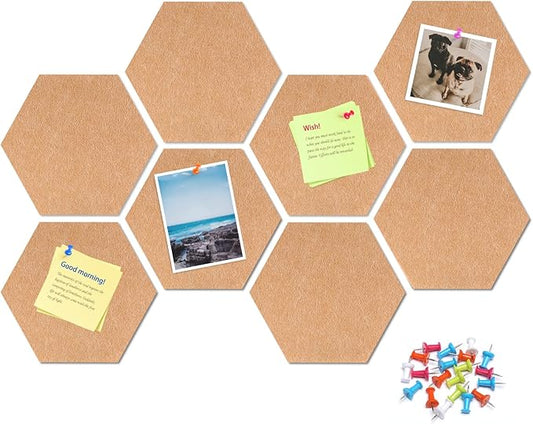 12" Large Bulletin Board with 30 Push Pins, Pack of 8 Hexagon Felt Pin Board Notice Boards for Home Office, Felt Wall Tiles for Photos Memos (Brown)