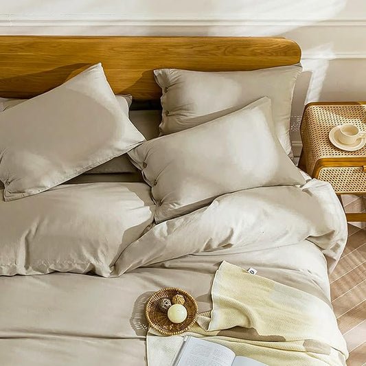 JELLYMONI Cotton Duvet Cover Queen Size - Linen Gray Comforter Cover with Button 100% Washed Cotton 3PCS Breathable Soft Solid Bedding Set Duvet Cover 90×90in & 2 Pillowcases (NO Comforter)