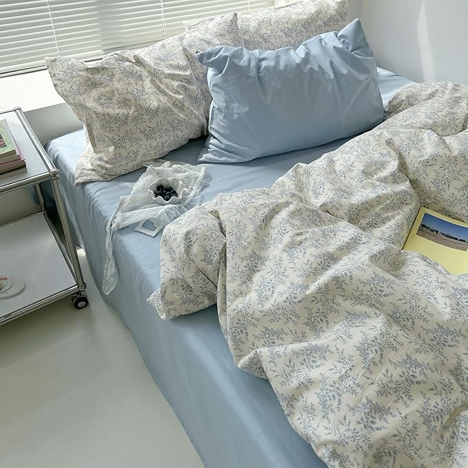 mixinni Blue Floral Duvet Cover Twin XL Size - 100% Cotton Soft Boho Comforter Cover with Zipper Closure 4 Ties, 3-Piece Vintage Aesthetic Botanical Bedding Set with 2 Pillowcases, All Season Bed Set