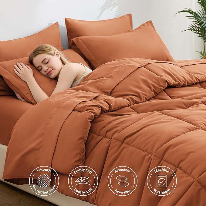 Love's cabin Full Comforter Set Burnt Orange, 7 Pieces Full Bed in a Bag, All Season Bedding Sets with 1 Comforter, 1 Flat Sheet, 1 Fitted Sheet, 2 Pillowcase and 2 Pillow Sham