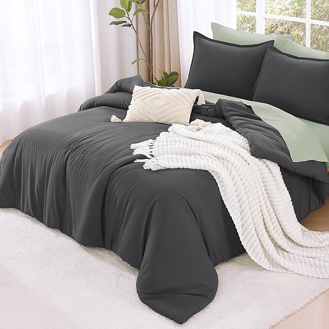 Litanika Comforter Set, Lightweight Solid Bedding Comforter Set, Fluffy Down Alternative Bed Set, Dark Grey, Oversized Queen