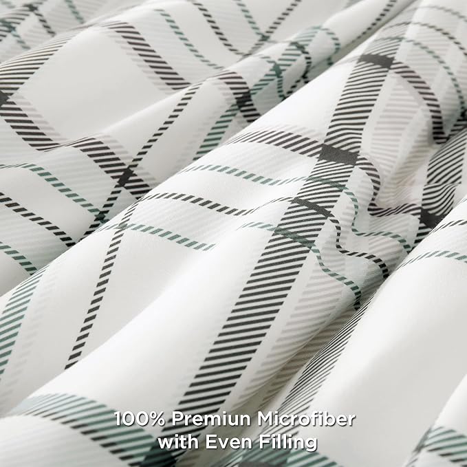 Andency Green White Plaid Comforter Set Full(79x90Inch), 3 Pieces Preppy Grid Gingham Stripes Bedding Comforter Sets for Boys Girls Kids Teens, Green Line Soft Lightweight Geometric Reversible Bed Set