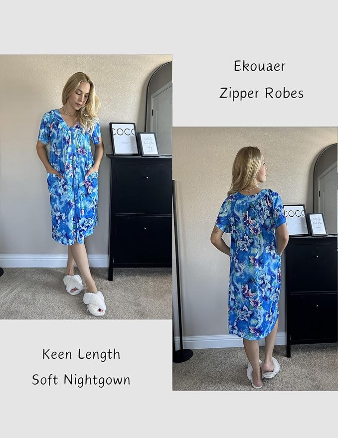 Ekouaer Women Robe Zipper Front Mumu Duster Robes Zip Up Housecoat Soft Sleepwear with Pockets