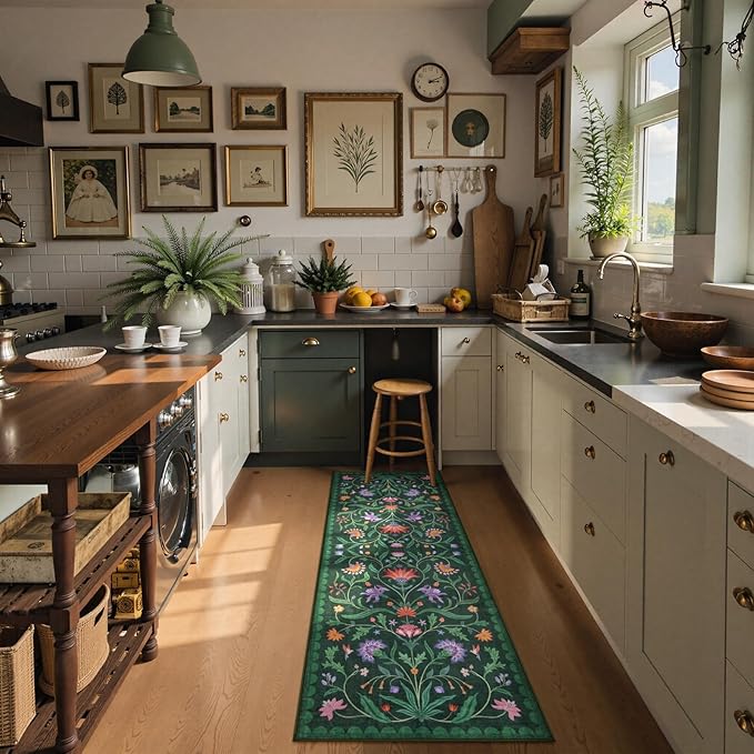 Lahome Boho Floral 2x6 Washable Green Bathroom Kitchen Runner Rug, Soft Rug Runners for Hallways Non Slip, Low-Pile Carpet Runner for Entryway Laundry (Forest Green,2x6)