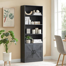70in Tall Bookshelf 6 Tier Bookcase with Barn Doors and Adjustable Shelf, Black Farmhouse Book Shelves with Storage Cabinet,Wood Floor Standing Display Bookshelve for Bedroom,Living Room,Kitchen