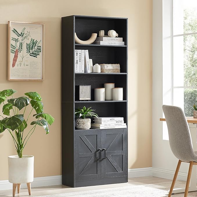 70in Tall Bookshelf 6 Tier Bookcase with Barn Doors and Adjustable Shelf, Black Farmhouse Book Shelves with Storage Cabinet,Wood Floor Standing Display Bookshelve for Bedroom,Living Room,Kitchen