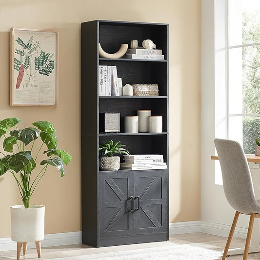 70in Tall Bookshelf 6 Tier Bookcase with Barn Doors and Adjustable Shelf, Black Farmhouse Book Shelves with Storage Cabinet,Wood Floor Standing Display Bookshelve for Bedroom,Living Room,Kitchen