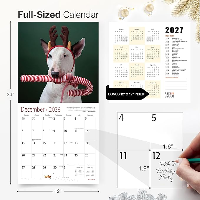 RED EMBER Bull Terriers 2026 Wall Calendar 12 Month | 12" x 24" Open | Thick & Sturdy Paper | Holiday Gift | Cute Puppy Dog Calendar 2026