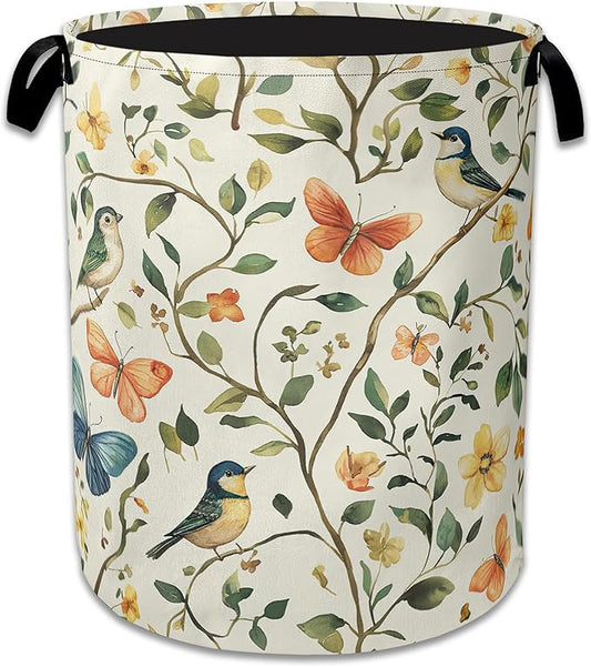 Bird Butterfly Laundry Basket,Oxford Cloth Vintage Nature Laundry Hamper With Handle Foldable Portable Clothes Storage Basket for Laundry Room/Bedroom/Bathroom 20.8"x16"