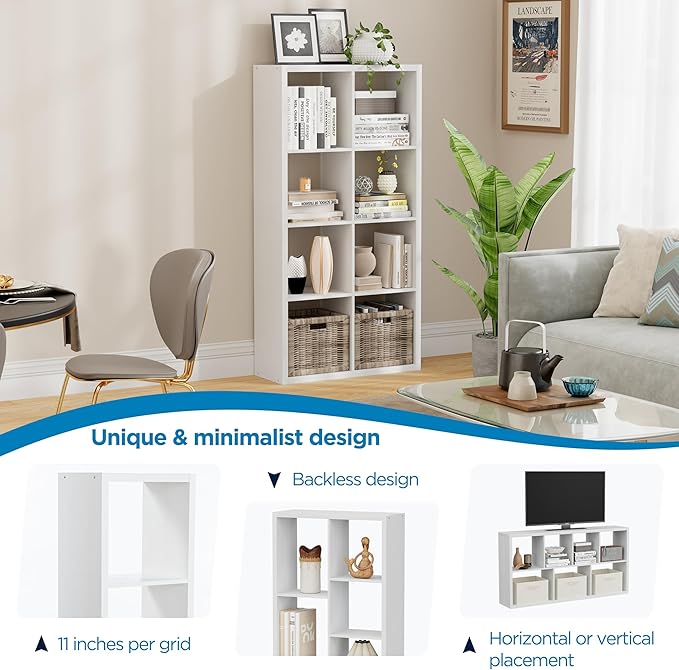 8 Cube Storage Organizer, Cube Shelf with Heavy-Duty Thick Boards, 25.12" L x 9.37" W x 48.74" H, Smooth Easy-Clean Panels, Simple Assembly, for Living Room Bedroom Office, White