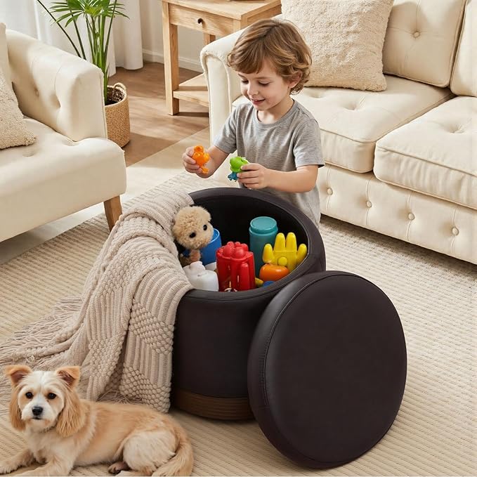 Round Storage Ottoman,Swivel Vanity Stool-Smooth Faux Leather Foot Rest,Footstool Pouf with Sturdy Acacia Wood Frame(500lbs),Small Coffee Table & Hidden Storage Ottoman for Living Room
