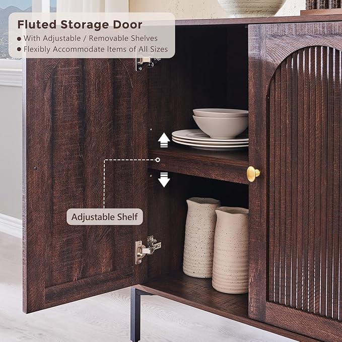 Bathroom Cabinet with Storage, 61.75" W Fluted Arched Free Standing Floor Cabinet w/Adjustable Shelves, Modern Sideboard Cabinet for Bathroom, Kitchen, Living Room, Entryway, Brown