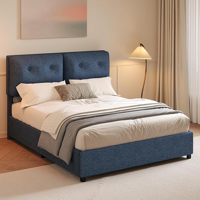 Queen Bed Frame with Headboard, Cloud Boucle Upholstered Bed Frame, Modern Soft Style, Adjustable Headboard, No Box Spring Needed, Easy Assembly, Blue