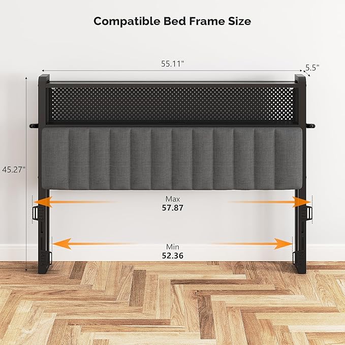 VINGLI Full Size Headboard with 2 Shelves, Adjustable Upholstered Headboard with Pegboard, Charging Stations and LED Lights, Modern Bed Headboard with Storage for Bedroom Decor, Dark Gray