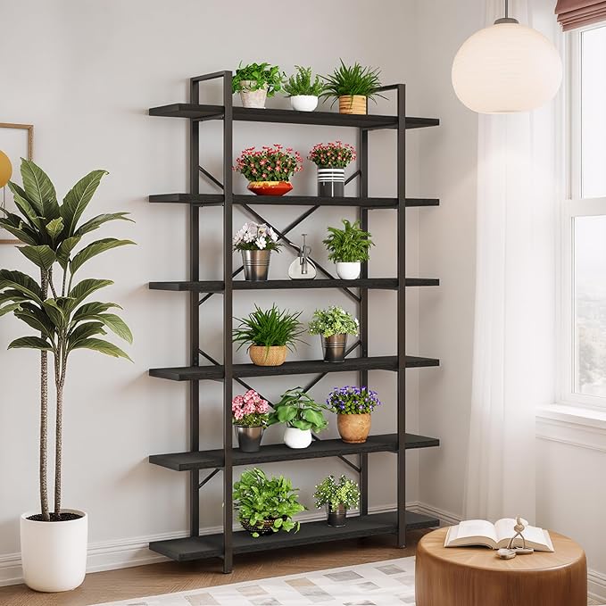 HSH 6 Tier Tall Black Bookshelf, Modern Large Storage Book Shelves & Display Book Shelf,Industrial Open Vertical Metal and Wood Black Bookcases 6 Shelf for Bedroom Living Room Office, Black Oak