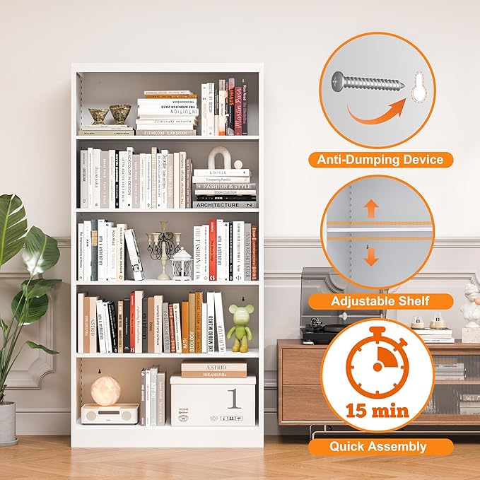 Bookcase,5 Tier White Bookshelves,55" Tall Free Standing Metal Bookcase with Adjustable Storage Shelves, Industrial Wide Bookshelf for Bedroom Living Room Home Office School (White)