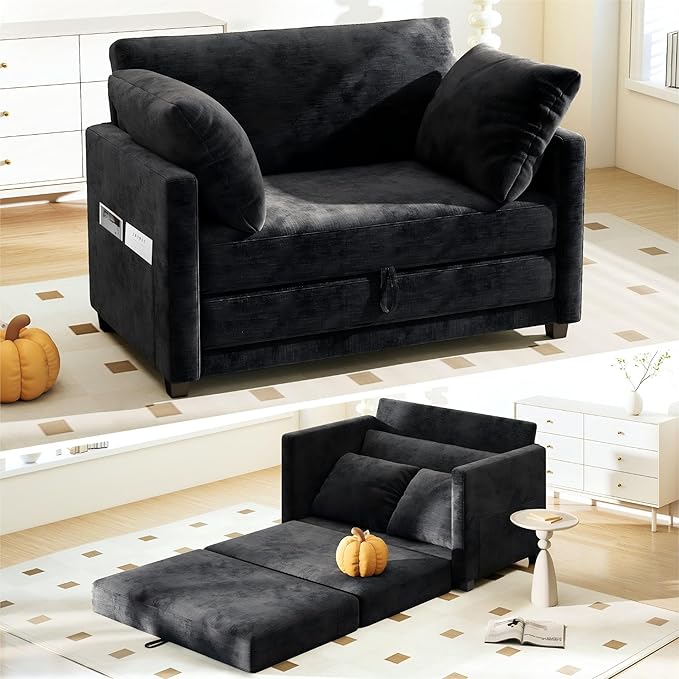 51" Convertible Loveseat Sofa Bed, 2-in-1 Folding Sofa Bed with 2 Pillow for Small Spaces, Modern Loveseat Sleeper Couch for Apartment, Living Room & Guest Room (Chenille Black, 51 inch)
