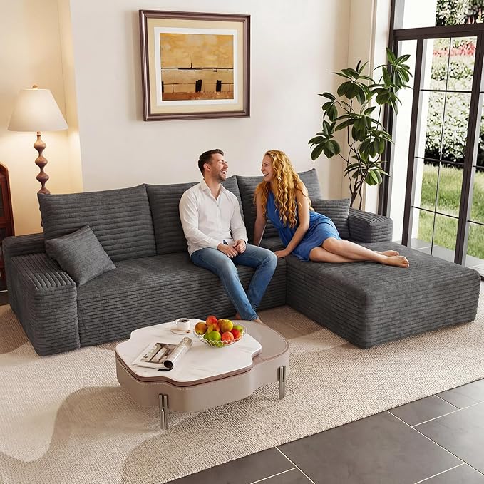 95" Modular Sectional Couch, Boneless L Shaped Cloud Sofa with Chaise Lounge, Corduroy Upholstered Couches Memory Foam Deep Seat, No Assembly Required, Ideal for Living Room(Dark Gray, Right Facing)