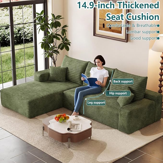 95" Modular Sectional Couch, Boneless L Shaped Cloud Sofa with Chaise Lounge, Corduroy Upholstered Couches Memory Foam Deep Seat, No Assembly Required, Ideal for Living Room(Green, Left Facing)