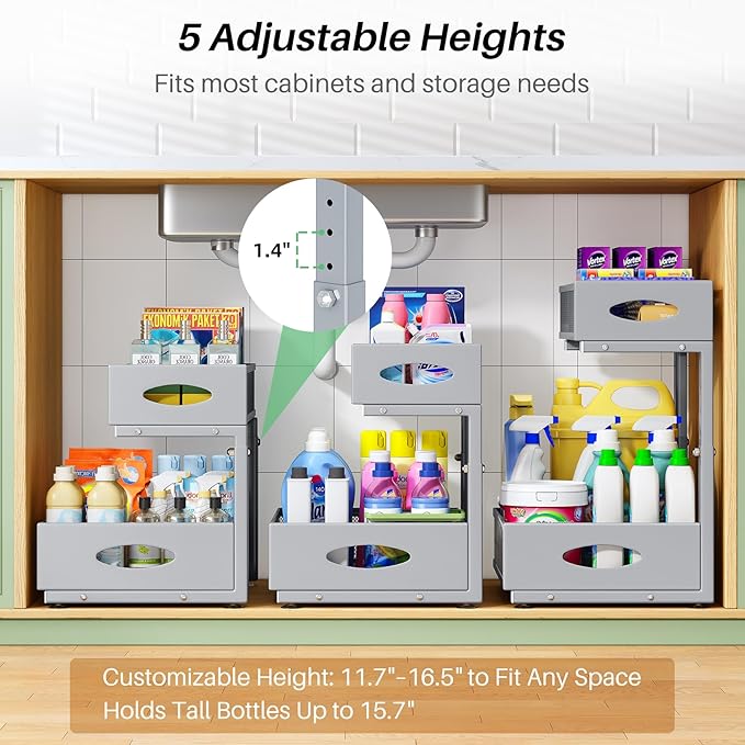 Under Sink Organizer, 2-Pack Pull Out Cabinet Organizer 2 Tier Metal Slide Out Storage Shelf Rack, L-Shaped Adjustable Height,Mesh Sliding Drawer for Kitchen, Bathroom, Laundry, Pantry, Grey, XL