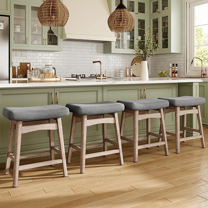 MAISON ARTS Counter Height Bar Stools Set of 4 for Kitchen Counter Solid Wood Legs with Fabric Saddle Seat Farmhouse Barstools for 34"-38" Counter Island Upholstered Stools, 24in, Grey Cushion