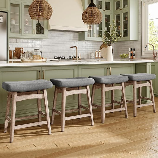 MAISON ARTS Counter Height Bar Stools Set of 4 for Kitchen Counter Solid Wood Legs with Fabric Saddle Seat Farmhouse Barstools for 34"-38" Counter Island Upholstered Stools, 24in, Grey Cushion