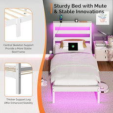 VINGLI Solid Wood Twin Bed Frame with LED Lights & USB Charging, Platform Bed with Storage Headboard Shelf, No Box Spring Needed, Noise-Free, Easy Assembly,White