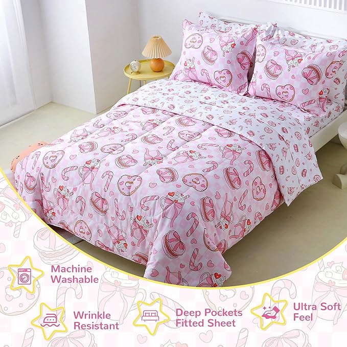 Viviland Kids Twin Bedding Sets for Girls, Soft Twin Comforter Set with Sheets, 5 Pieces Microfiber Bed in a Bag, Pink Dessert Cake