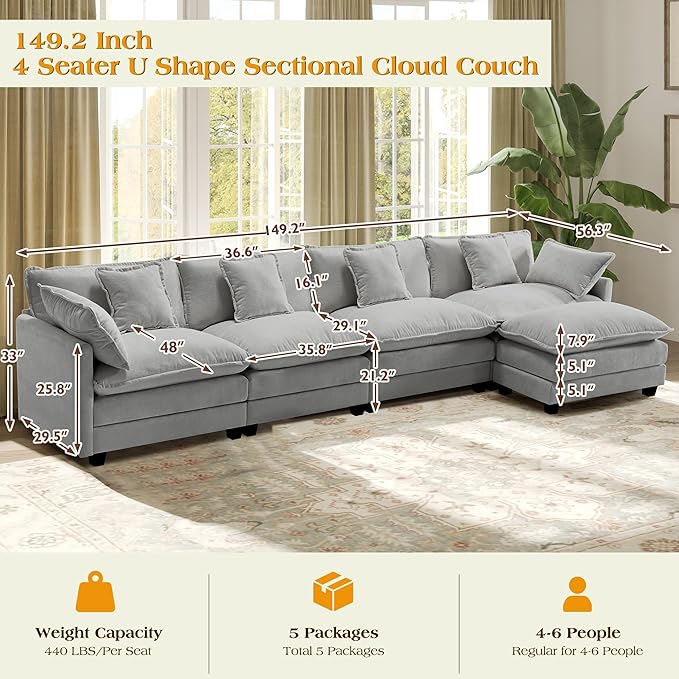 149.2" Modular Sectional Sofa,L Shaped Couch for Living Room,Modern Deep Seat Sofa 4 Seater Chenille Fabric Comfy Cloud Couches with Throw Pillows & Movable Ottoman