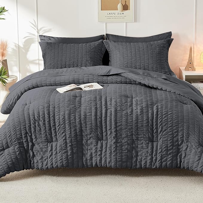 HYMOKEGE Oversized King Comforter Set Seersucker 7 Pieces, All Season Luxury Bed in a Bag for Bedroom, Bedding Set with Comforter, Sheets, Pillowcases & Shams, Dark Grey