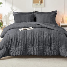 HYMOKEGE Oversized Queen Comforter Set Seersucker 7 Pieces, All Season Luxury Bed in a Bag for Bedroom, Bedding Set with Comforter, Sheets, Pillowcases & Shams, Dark Grey