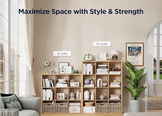 9-Cube Storage Organizer, Wooden Cube Shelf Bookcase with Reinforced Thick Shelves, Heavy-Duty 36.93" L x 9.37" W x 36.93" H, for Living Room Bedroom Home Office, Natural-Oak