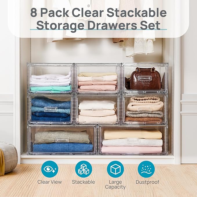Vtopmart 8 Pack Large & Medium Stackable Drawer Organizer Set, 162QT Easy Assembly Clear Plastic Storage Cabinet, Durable Dresser for Closet, Bedroom, Entryway, Playroom & Apartment Organization