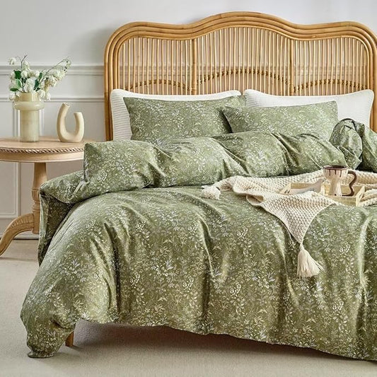 MKXI Vintage Style Comforter Set Full Size Wildflower Comforter Set Floral Bedding Set Green Floral Duvet Comforter Microfiber Bed Set Soft Reversible Farmhouse Comforter Army Green