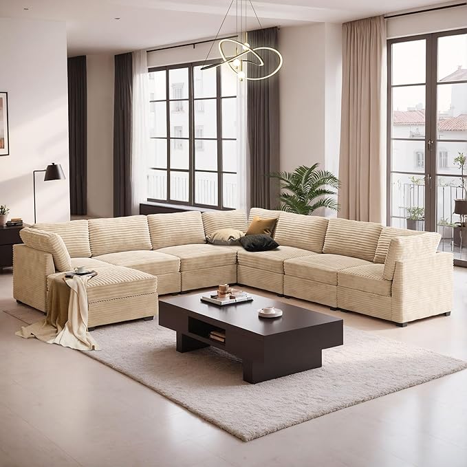 Large 8 Seat Modular Sectional Sofa with Ottoman Seat Corduroy Sleeper Sectional Sofa Bed Oversized Convertible Modular Couch for Living Room