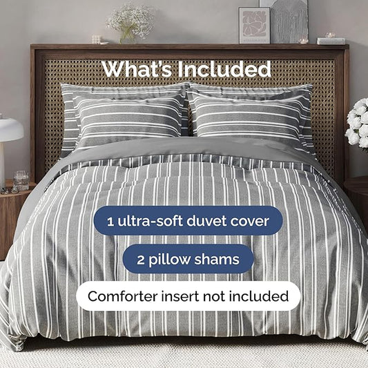 Duvet Cover Cal King Size Set - Extra Soft Cal King Size Duvet Cover 104 x 98 with 2 Pillow Shams - Hotel Luxury and Fade Free w/Zipper Closures & Ties - Comfy Breathable Bedding Set (Grey Stripes)