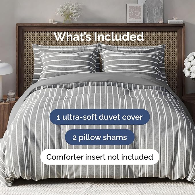 Duvet Cover Queen Size Set - Extra Soft Queen Size Duvet Cover 90 x 90 with 2 Pillow Shams - Hotel Luxury Easy Care & Fade Free w/Zipper Closures & Ties - Comfy Breathable Bedding Set (Grey Stripes)
