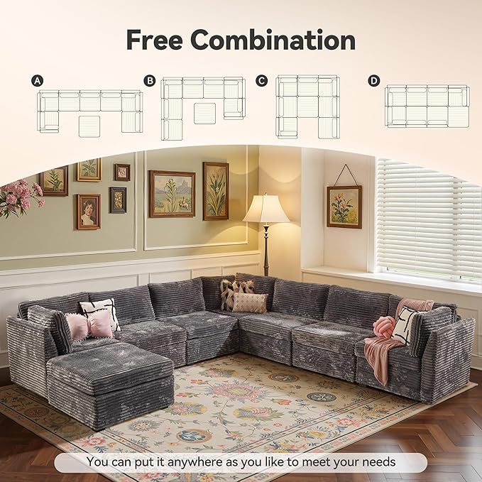 Large 8 Seat Modular Sectional Sofa with Ottoman Seat Corduroy Sleeper Sectional Sofa Bed Oversized Convertible Modular Couch for Living Room