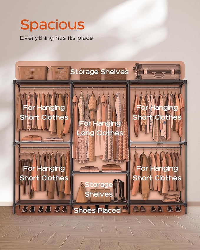 Clothes Rack, Portable Closet, 80.7 Inch Extra Large Capacity Wardrobe Closet, Clothes Storage Organizer with Shelves and 5 Hanging Rods, Easy to Assembly, Black PCT036B01