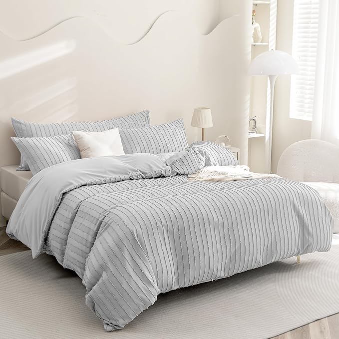 JELLYMONI Duvet Cover Queen Size Light Grey - 3PCS Boho Striped Duvet Cover Set Polyester Tufted Bohemian Textured Comforter Cover 90×90in with Corner Ties & Zipper and 2 Pillowcases
