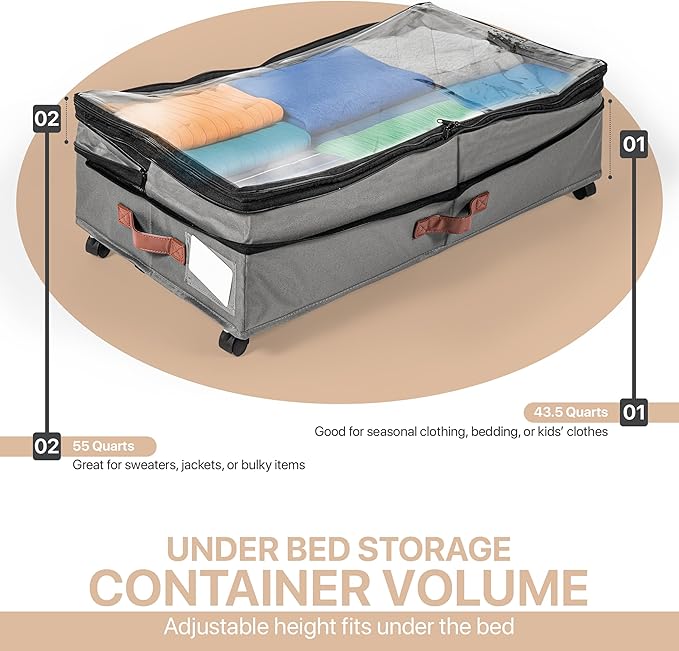 Expandable Under Bed Storage with Wheels 2 Pack – Large Under Bed and Closet Storage - Expandable Storage Bins with Lid & Dividers, Low Profile Storage Solution for Clothes, Shoes Great for Dorm Rooms