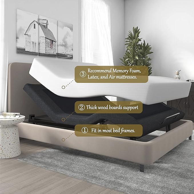 SHA CERLIN Split King Size Adjustable Bed Base/Bed Frame with Motorized Head and Foot Incline,Zero-Gravity,Wireless Remote,Soft Linen Fabric Attached,Wood Board Support (Only Base)
