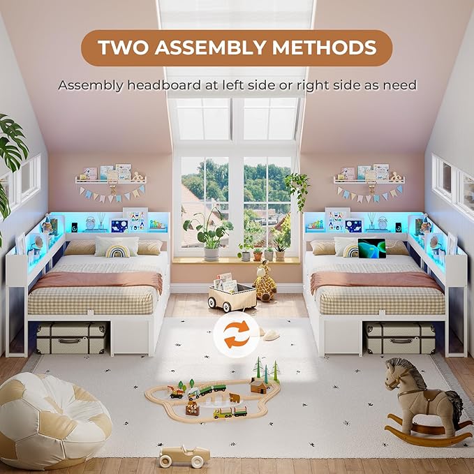 VIAGDO Corner Bed Frame with Storage Bookcase and 6 Drawers, Twin Metal Platform Corner Bed Frame with LED Lights and Charging Station, Twin Daybed for Kids Teenagers, White