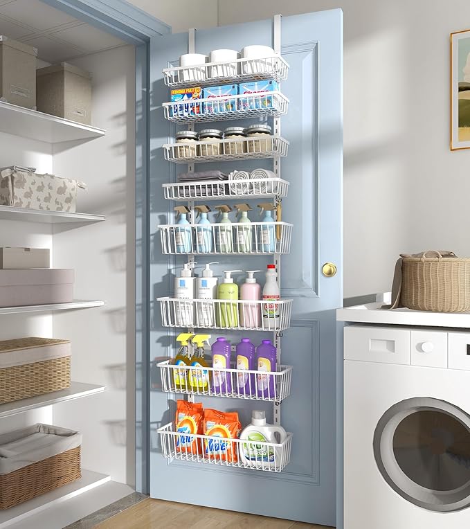 Over The Door Pantry Organizer, Pantry Organization and Storage, 8-Tier Deep Baskets Hanging Heavy-Duty Metal, Wall Spice Rack Seasoning Shelves for Home & Kitchen, Laundry Room Bathroom, White